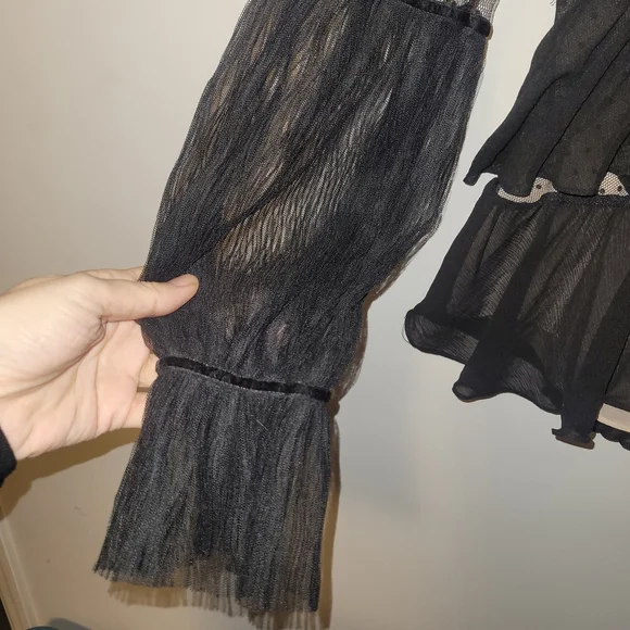 Black Sheer Mesh Peplum Top Polka Dot Tie Front Whimsigoth XS - Picture 4 of 6